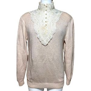 80s Vintage Scott McClintock Peach Long Sleeve Sweater with Lace Applique LG